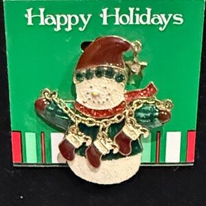 Holiday Snowman Brooch Pin - Green and Red Festive Accent